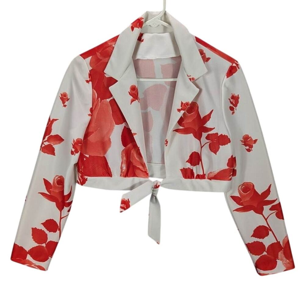 Vtg Cropped Jacket Womens Medium White Floral Long Sleeve Tie Front Retro READ